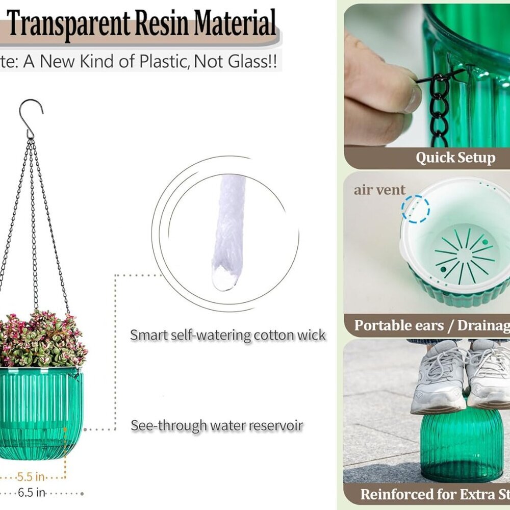 2 Pack Self Watering Hanging Planters Indoor Flower Pots, 6.5 Inch Outdoor Hangi - Picture 3 of 9